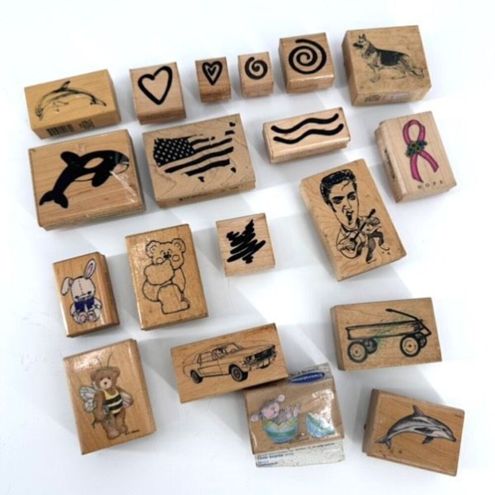 Lot Craft Stamps Ink Whales Elvis Breast Cancer Bears Bunnies Hearts‎ Wagon Car